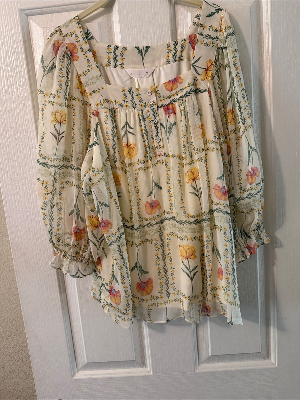 LC Lauren Conrad Cream Floral Square-Neck Blouse with Puff Sleeves